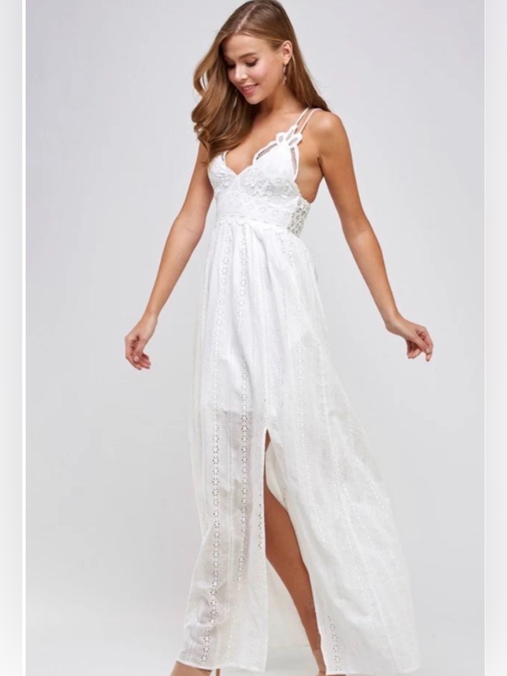 Three Bird Nest White Lace Bralette  Eyelet Maxi Dress Slit Spaghetti Strap Boho - Picture 12 of 13